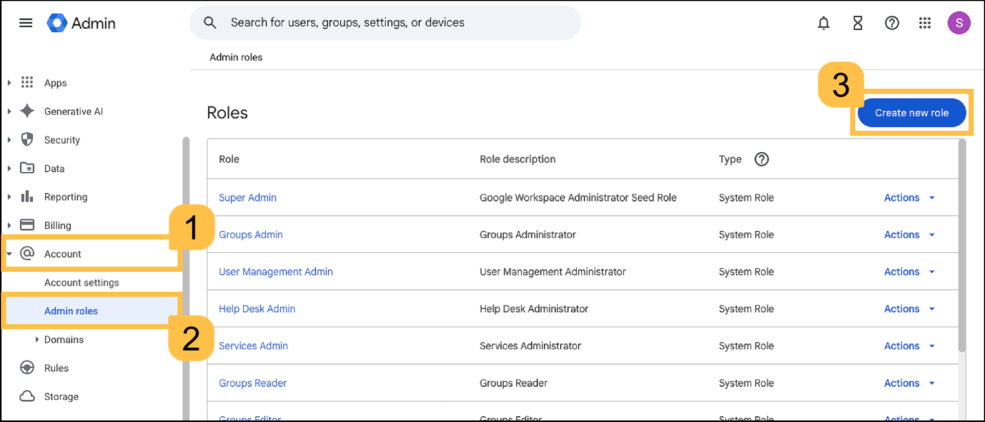 Set up and assign Google admin account minimum permissions