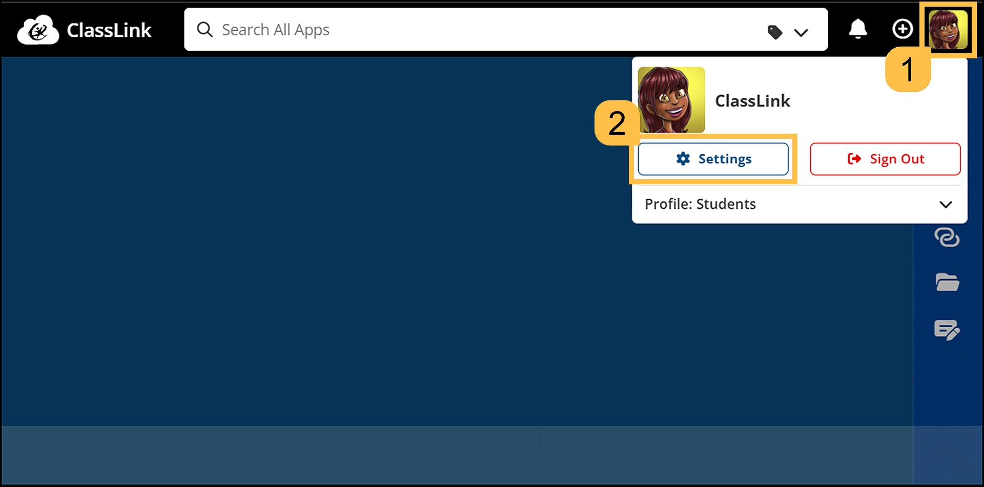 Profile picture menu with the Settings option highlighted