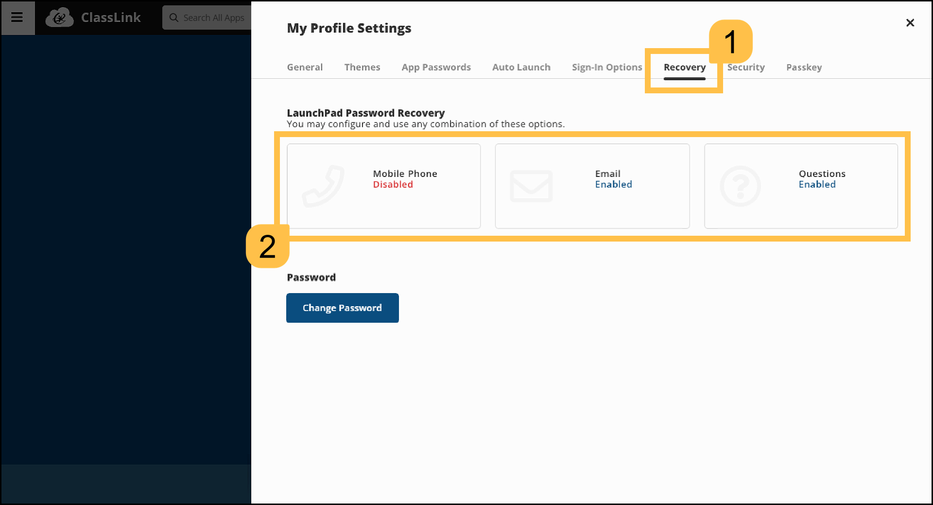 Password recovery option cards in the Recovery tab